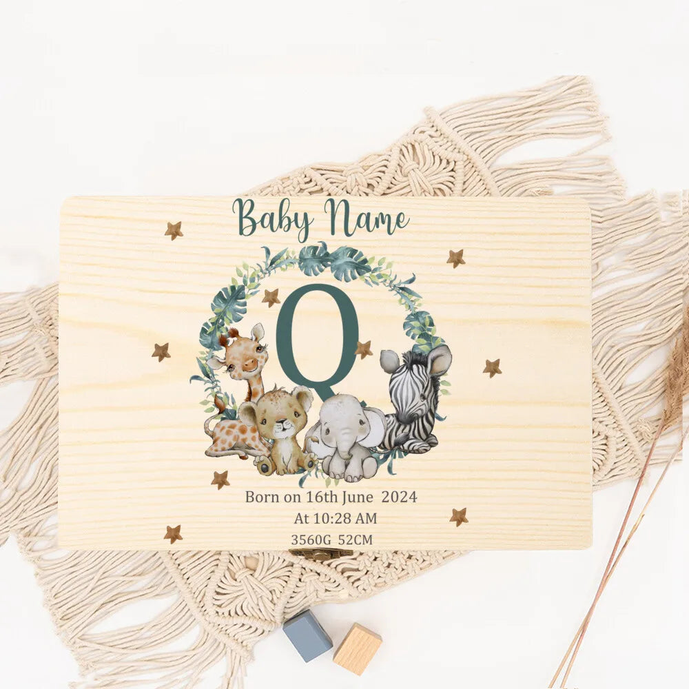 Baby Memory Box As A Gift for A Birth or Baptism Personalized Wooden Keepsake Boxes Newborn Animal with Name Birth Dates Case
