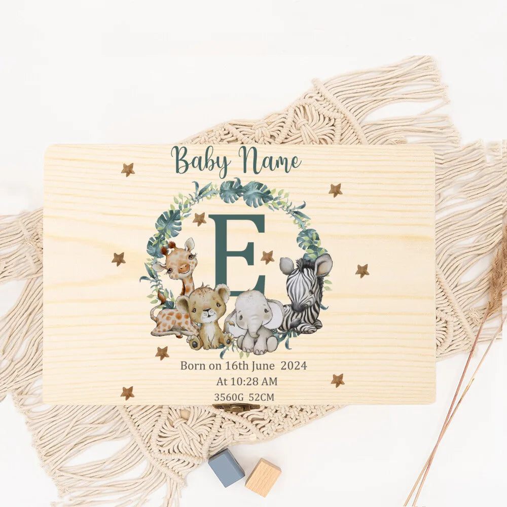 Baby Memory Box As A Gift for A Birth or Baptism Personalized Wooden Keepsake Boxes Newborn Animal with Name Birth Dates Case